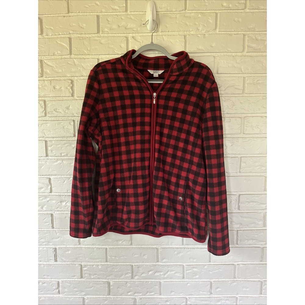 Croft & Barrow Women's Large Red Plaid Fleece Zip Up Jacket